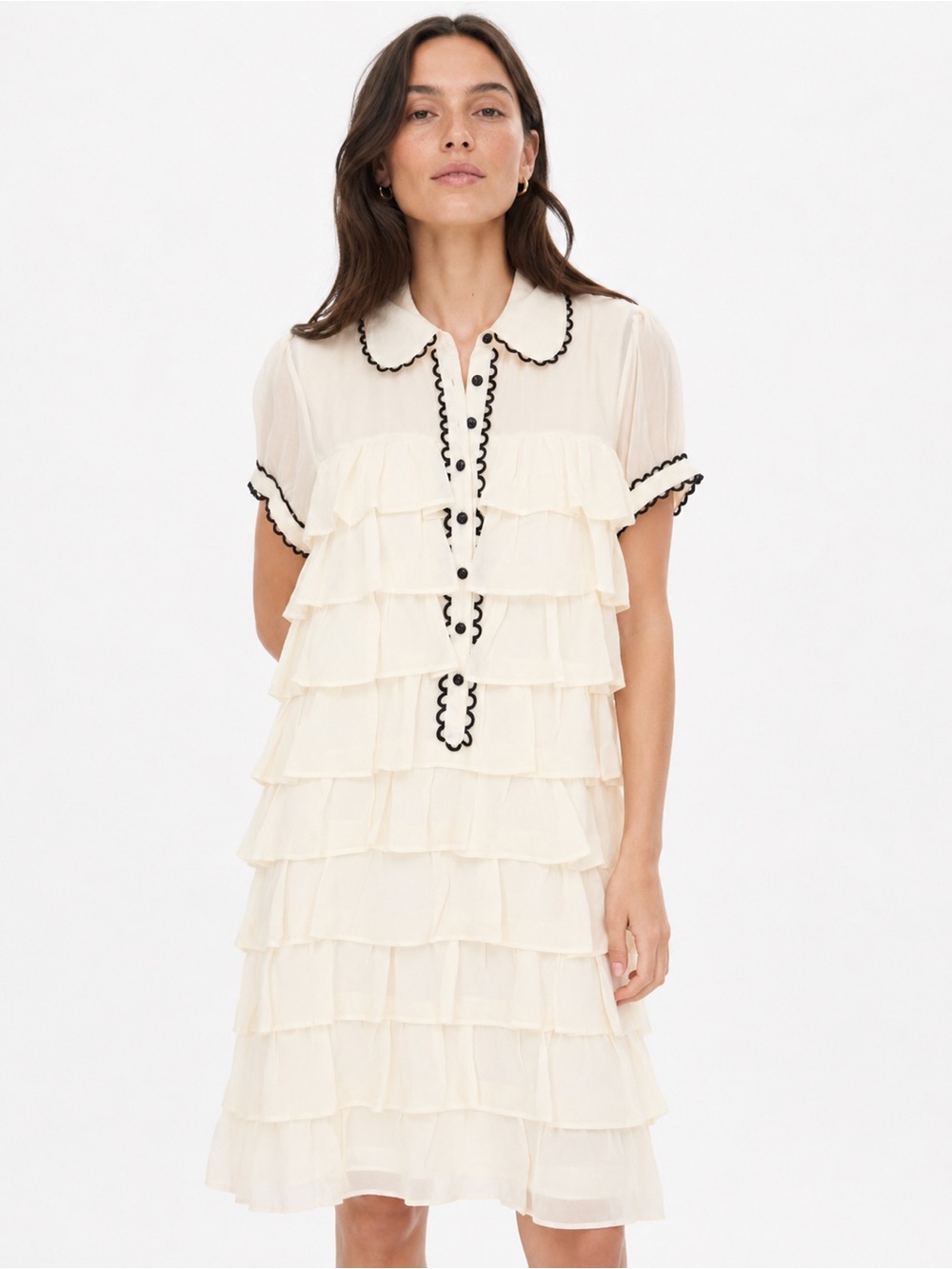 Kensie Ivory Ruffled Tiered Dress with Black Trim and Peter Pan Collar 100% Silk - Picture 1 of 8